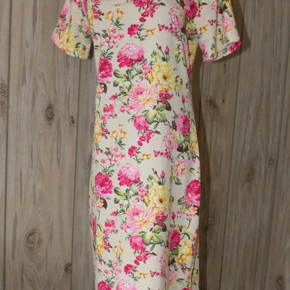 Tom's Ware Dress Casual Floral Print Pink Green New Bodycon Midi M - L Large EUC - Picture 2 of 11